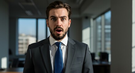 Fototapeta premium A handsome happy man wearing a full business suit, a surprised face, standing in the office, sunshine, with a little bit blur background with side copy space
