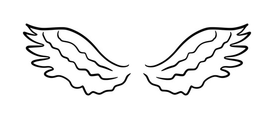 Doodle angel wing, vector sketch wings. Hand drawn bird tattoo silhouette. Illustration on white background. Fly symbol
