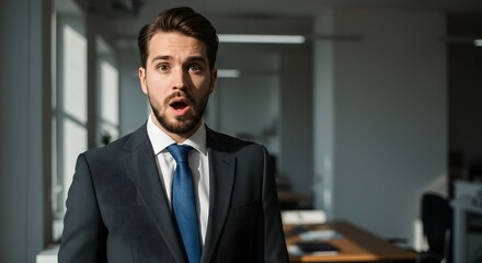 Fototapeta premium A handsome happy man wearing a full business suit, a surprised face, standing in the office, sunshine, with a little bit blur background with side copy space