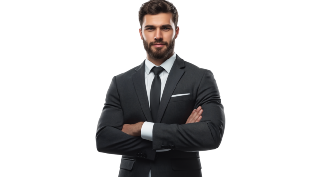 Young entrepreneur in a modern slim-fit charcoal suit, direct eye contact, confident smirk, short well-groomed beard, neatly combed hair, isolated PNG