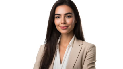 Portrait of a successful businesswoman, elegant beige blazer, white silk blouse, straight long dark hair, subtle makeup, confident and inspiring smile, isolated PNG