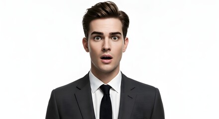 A handsome happy man wearing a full business suit, surprised face, isolated on a white background, side copy space