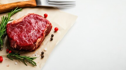 A beautifully arranged raw beef steak on parchment with fresh herbs, pepper, and salt, perfect for showcasing meat preparation and culinary artistry.