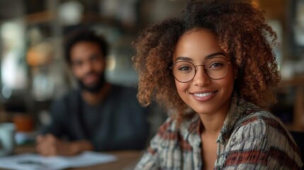 Fototapeta premium Smiling young woman with curly hair and glasses, man blurred in background.