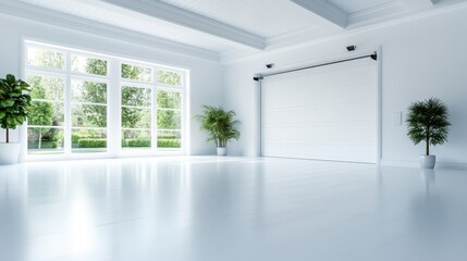 Obraz premium A pristine and spacious garage with large windows allowing abundant natural light, surrounded by greenery, perfect for any modern home or creative workspace.