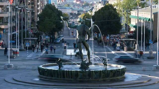 Timelapse of the iconic statue of Poseidon in Gothenburg, Sweden. Dolly shot.
