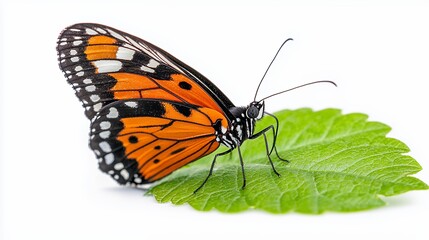Vibrant Butterfly on Green Leaf: Detailed Close-up of Insect Wings and Delicate Texture