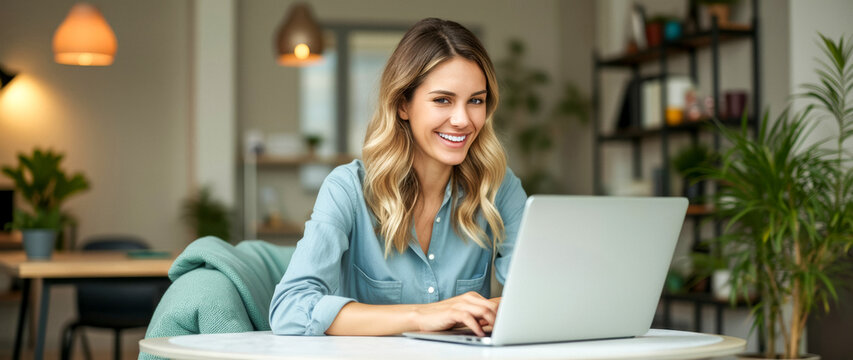 smiling woman working on laptop in home office