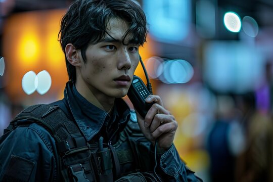 Security Guard in Close-up Using Walkie-talkie - Powered by Adobe