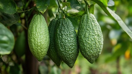 Three Green Finger Limes Hanging from a Branch