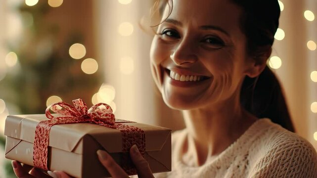 Close-up of a woman with a gift. Selective focus