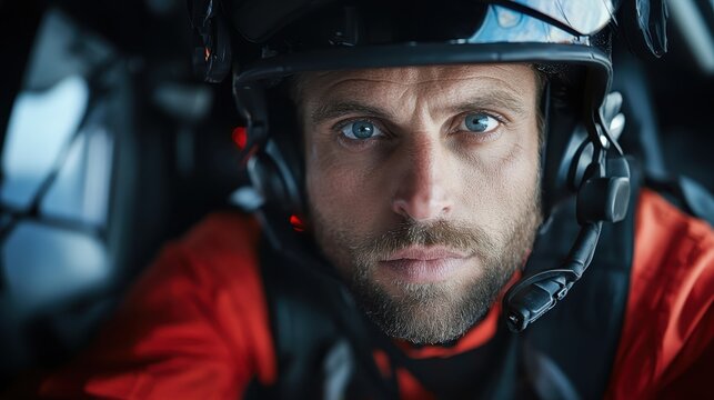 This close-up image captures the intense focus of a helicopter pilot, revealing a determined expression that underscores the gravity of their aviation responsibilities.