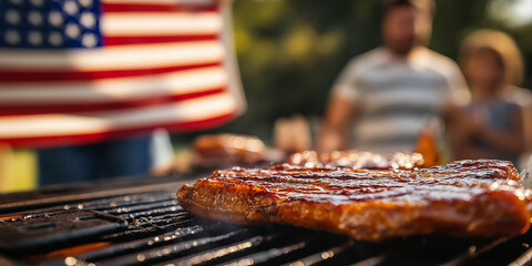 Delicious bbq steak grilling on a summer day with american flag waving