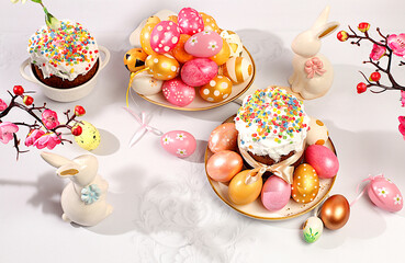 Abstract Easter composition with traditional Russian kulich with meringue and decorated painted eggs on elegant table with spring sakura flowers. Happy Easter concept. Banner for screen.
