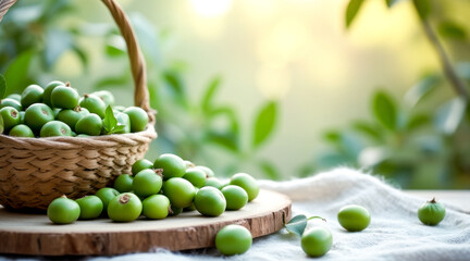 wicker basket full of vibrant green fruits on a rustic wooden board