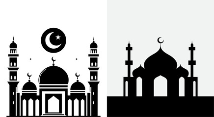 Black and white Islamic mosque illustration