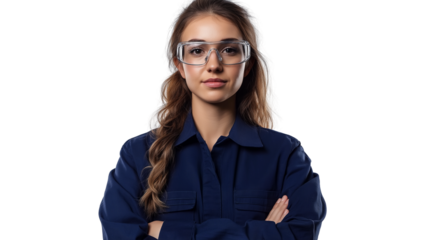 Female engineer in a navy blue uniform, wearing protective glasses, confident and capable