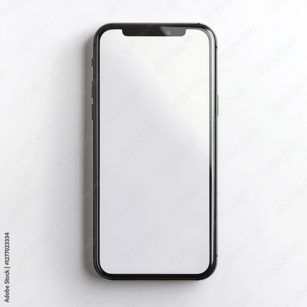 Poster modern smartphone with blank white screen on a clean white background, top-down shot, perfect for ap