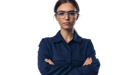 Female engineer in a navy blue uniform, wearing protective glasses, confident and capable