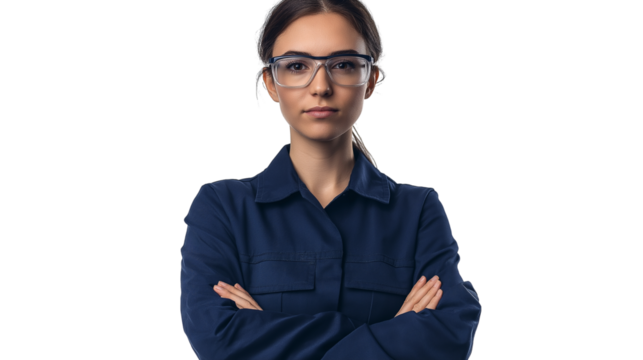 Female engineer in a navy blue uniform, wearing protective glasses, confident and capable