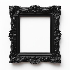 Ornate Black Picture Frame with Empty Center, Decorative Baroque Style for Art Display, Isolated on White