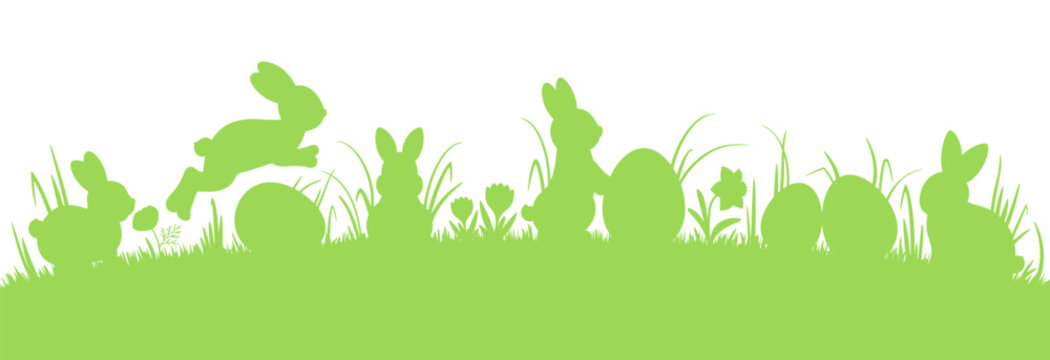 Cute spring rabbits on the meadow grass. Easter bunny and egg border. Springtime lawn silhouette. Fun animal characters in the nature. Vector frame design element egg hunt game holiday decoration.