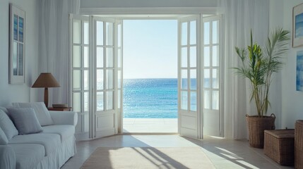Fototapeta premium Bright Coastal Living Room with Ocean View and Open French Doors