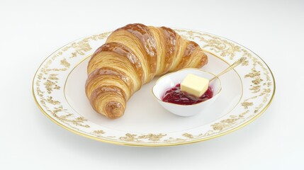 Buttery croissant, jam, and butter on plate. Breakfast food photography for menu