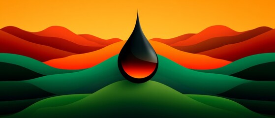 Abstract landscape with bold black droplet and vibrant colorful hills in sunrise
