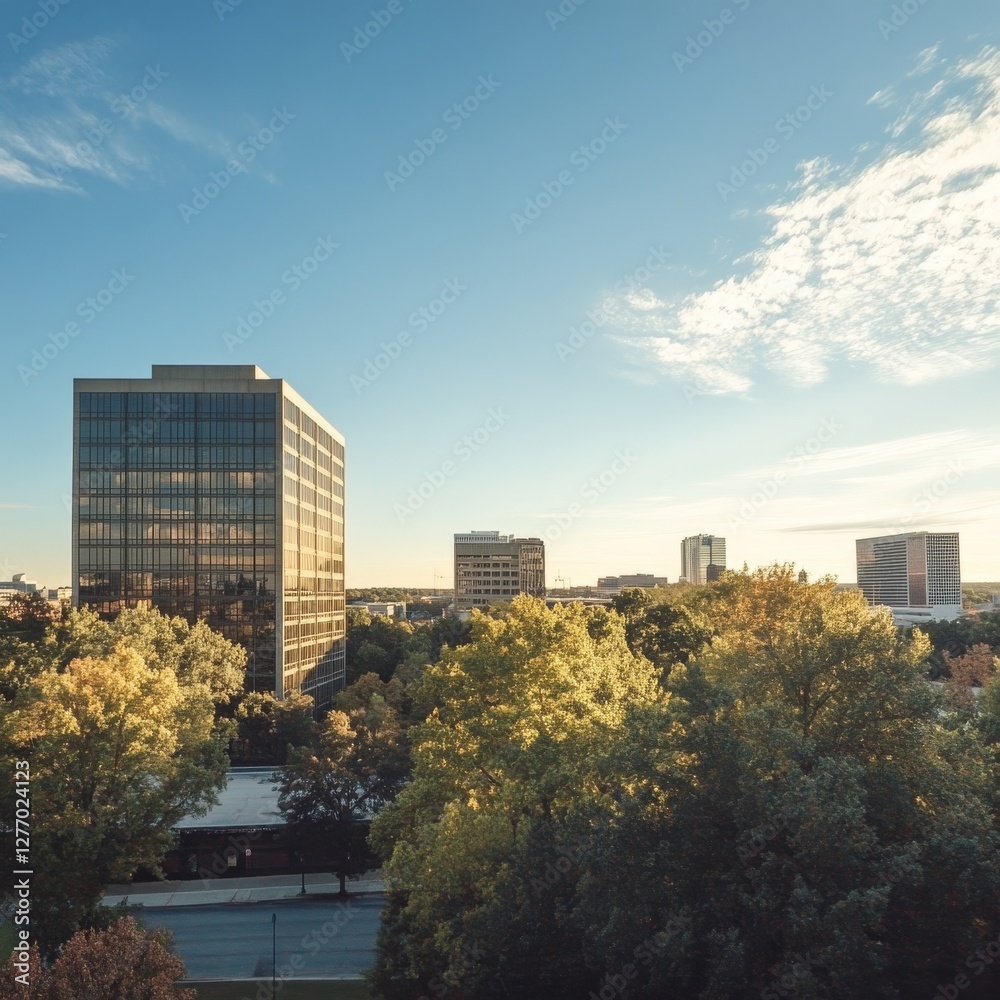 Poster skyscrapers above the trees: a cityscape view at dusk under a blue sky with wispy clouds in an urban