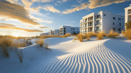 Vast desert sand dunes create an otherworldly atmosphere as ancient, weathered buildings rise from the golden landscape under the blazing sun.