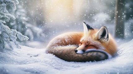 Obraz premium Peaceful Red Fox Nestled in Soft Snow During Winter Wonderland Scene