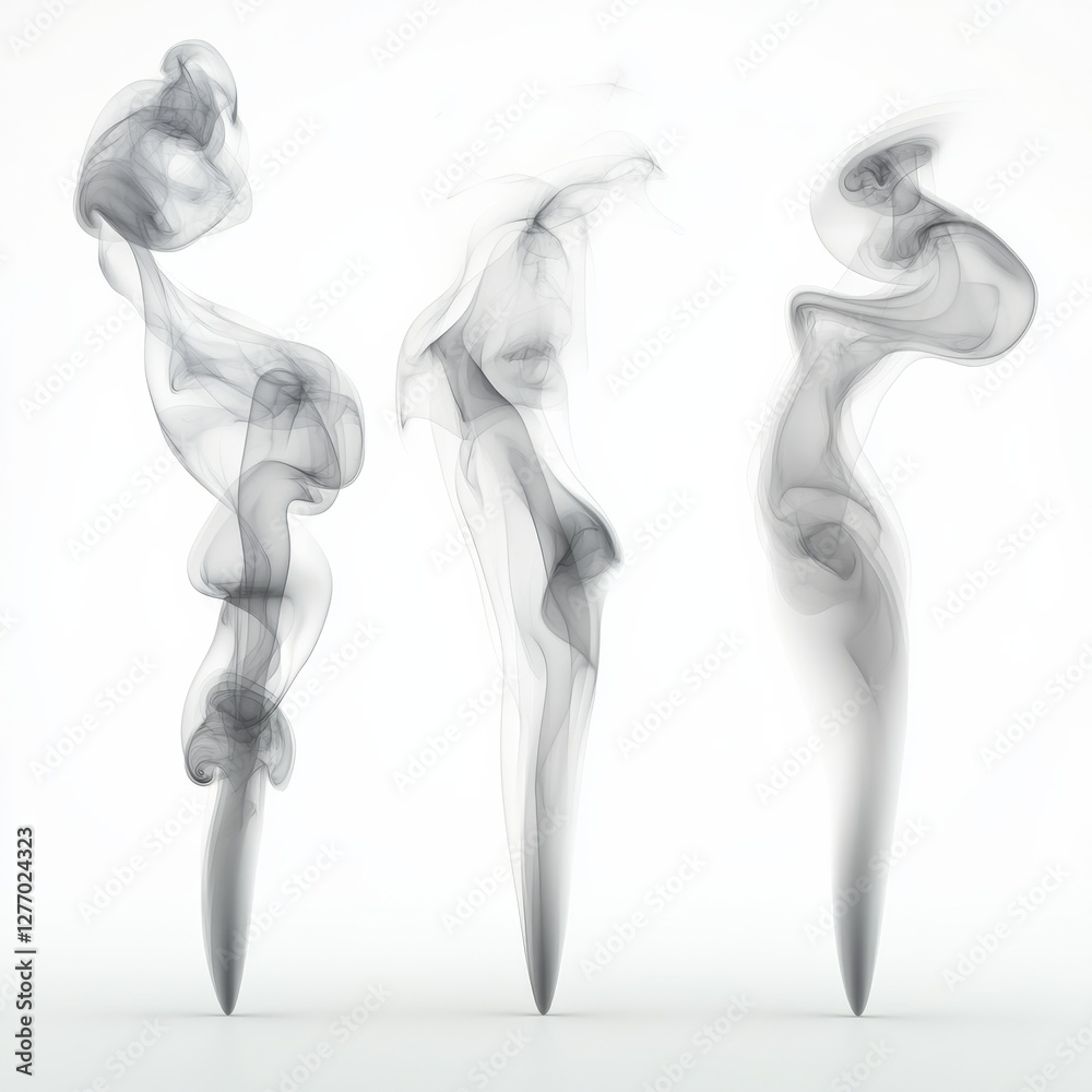 Poster three pillars of smoke: ethereal wisps of gray on white creating abstract sculptures.