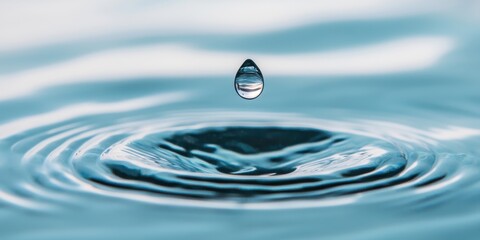A close-up of a water droplet falling into a calm surface, creating ripples in a serene, blue environment.
