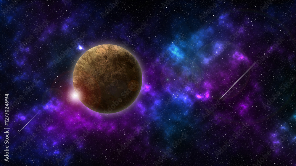 Wall mural image of outer space with background of stars and nebulae. a planet in deep space. illustration