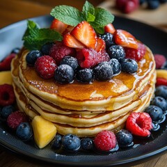 Stack of pancakes dripping with syrup topped with fresh berries and mint