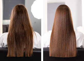 Female hair transformation: damaged to healthy with keratin treatment before and after