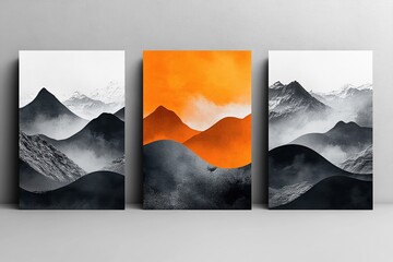 Dynamic graphic layouts for promotional flyers featuring mountain landscapes in bold colors