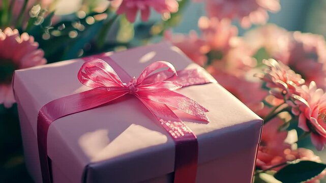 Flowers and a gift for Valentine's Day. Selective focus.