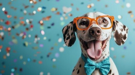 A joyful Dalmatian dog with vibrant orange glasses, exuding a playful spirit against a bright teal background adorned with colorful confetti in a festive atmosphere.