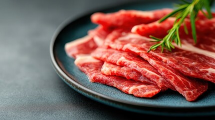 Elegant raw beef slices artfully placed on a dark plate, garnished with stylish green herbs, emphasizing a refined culinary approach for gourmet cooking and presentation.