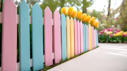 This image features a rainbow-colored picket fence lining a lush garden adorned with blooming tulips, reflecting a joyous and lively atmosphere for a springtime setting.
