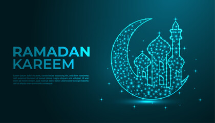 Elegant Abstract Ramadan Background with Blue Geometric Patterns, Crescent Moon, and Shining Stars – Futuristic Digital Islamic Vector Illustration for Eid Celebration, Midnight Sky, and Spiritual Fes