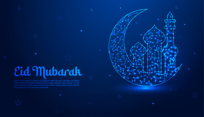 Eid Mubarak Celebration: A Stunning Low-Poly Digital Illustration of a Glowing Crescent Moon, Star, and Mosque on a Night Sky Background for Festive Greetings"
