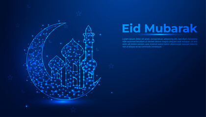 Eid Mubarak Celebration: A Stunning Low-Poly Digital Illustration of a Glowing Crescent Moon, Star, and Mosque on a Night Sky Background for Festive Greetings"
