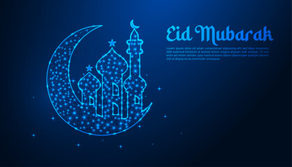 Eid Mubarak Celebration: A Stunning Low-Poly Digital Illustration of a Glowing Crescent Moon, Star, and Mosque on a Night Sky Background for Festive Greetings"
