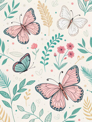 Seamless Pattern With Delicate Butterflies And Flowers In Soft Pastel Colors. Elegant Botanical Design For Wallpapers, Fabric Prints, Gift Wrapping, And Nature-Themed Branding...