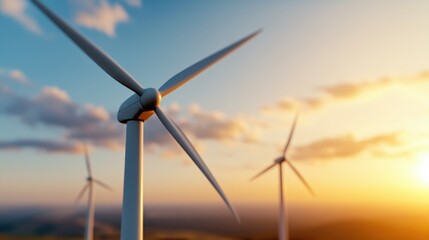 A serene view of wind turbines illuminated by the sunset, representing the harmonious blend of technology and nature while promoting renewable energy's promise for the future.