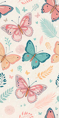 Seamless Pattern Featuring Elegant Butterflies In Pastel Colors With Delicate Floral Elements On A White Background. Ideal For Textile Design, Stationery, Gift Wrapping, And Feminine Branding...