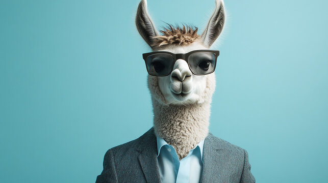 A llama wearing a suit and sunglasses on a light blue background.